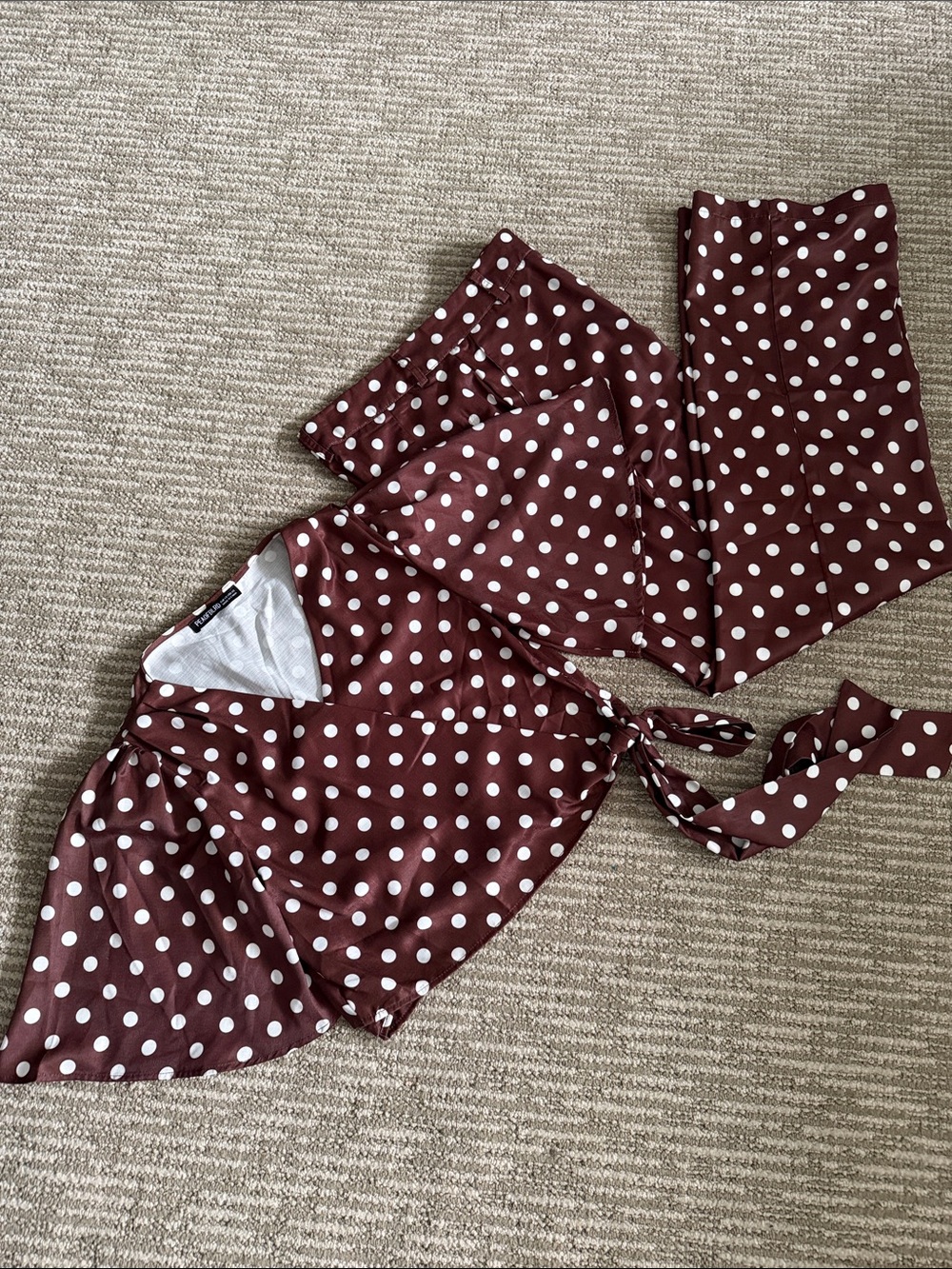 Brown Polka Dot Wrap Top and Pants Set